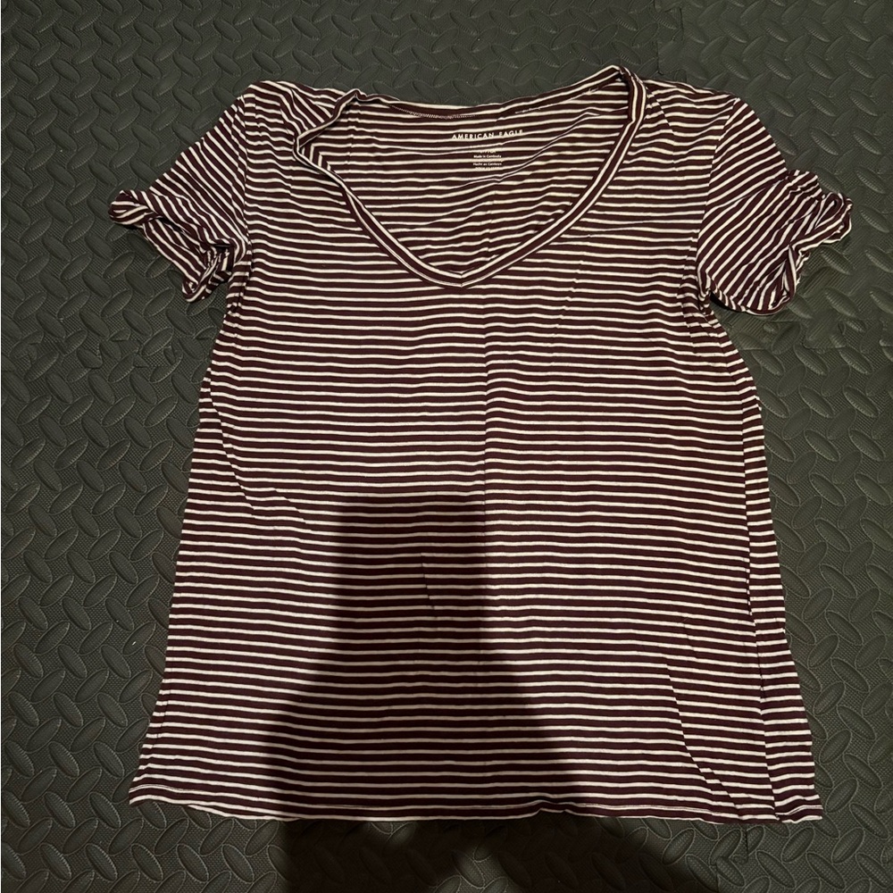 American Eagle Outfitters Black and White Striped V-Neck Tee